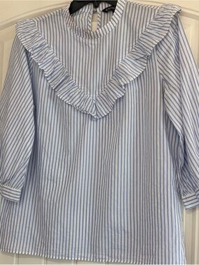 Banana Republic Light Blue and White Striped Ruffle Blouse